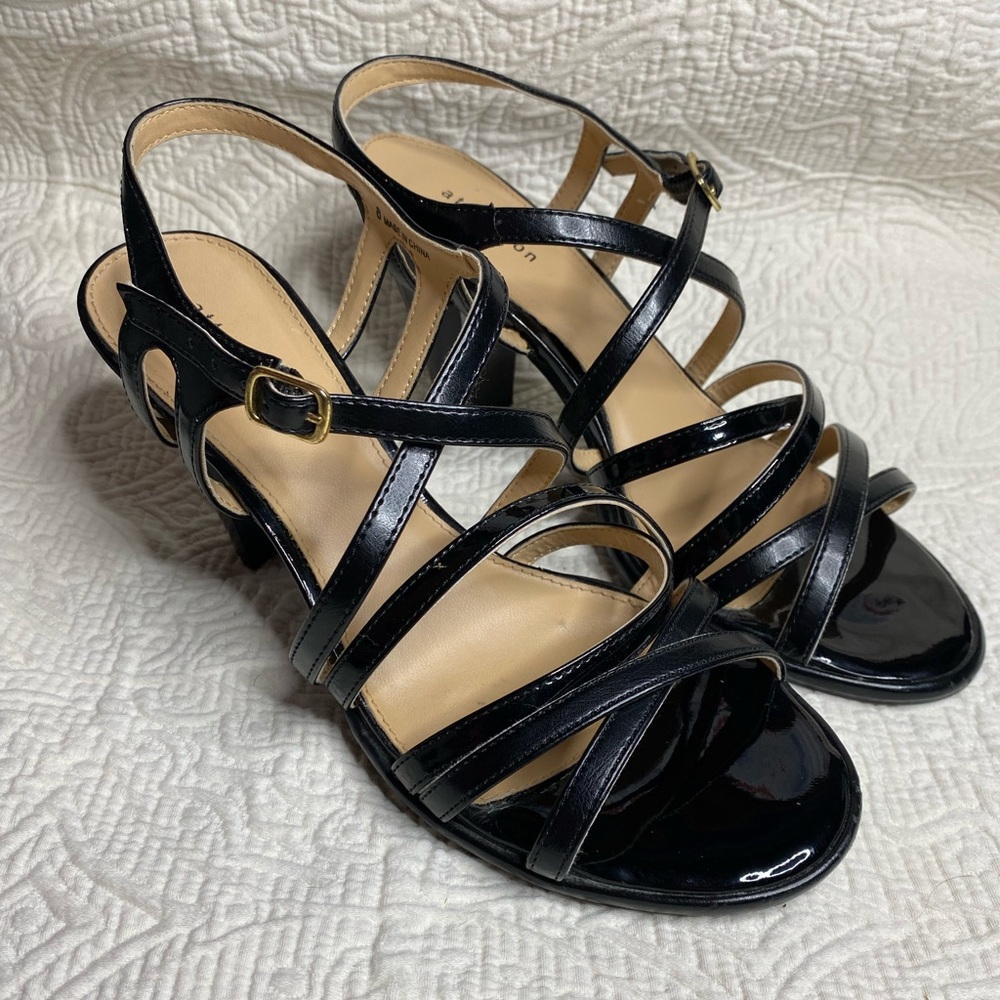 Attention Black Patent Leather Ankle Strap Block Heels